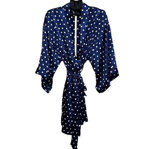 Vintage Sears & Roebuck Inner Most Navy Silky Robe White Polka Dots, Size Large